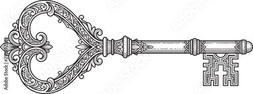 Detailed antique skeleton key with a heart shaped bow and elaborate filigree scrollwork, horizontal orientation, isolated on a white background