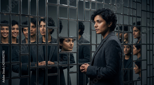 South asian woman reflections identity perception multiplicity fragmented mirror portrait exploring duality and inner self through geometric symmetry and repeated reflections