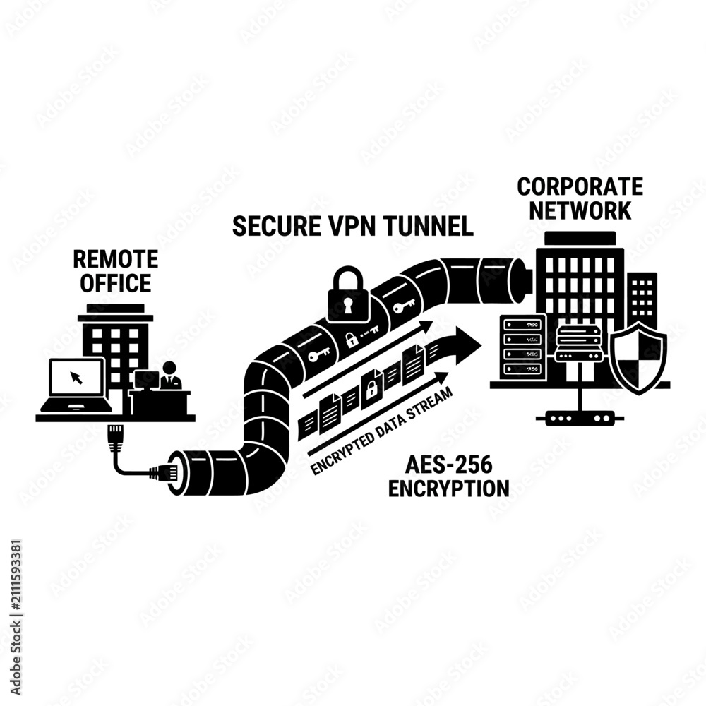 Obraz premium VPN tunnel provides a secure connection between a remote office and a corporate network using encryption.