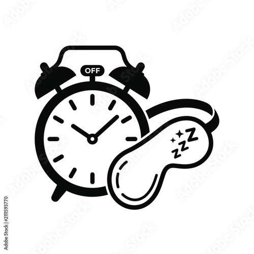 Photos Alarm clock paired with a sleeping mask signifies the importance of rest and effective time management in this monochromatic icon