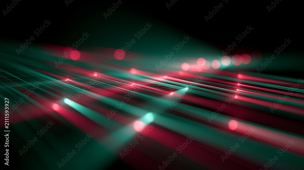 Fototapeta premium Abstract high speed light streaks in red and teal representing data transfer and futuristic technology