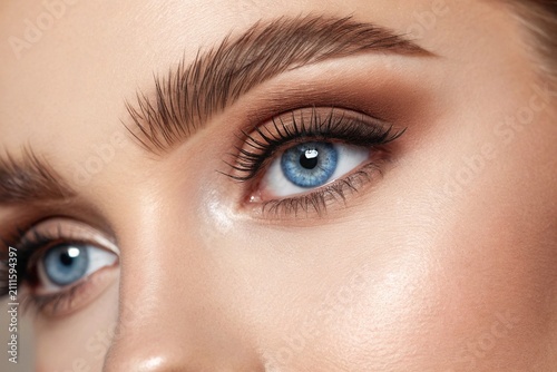 Extreme Close-Up of Woman's Blue Eye with Natural Makeup and Well-Groomed Eyebrows