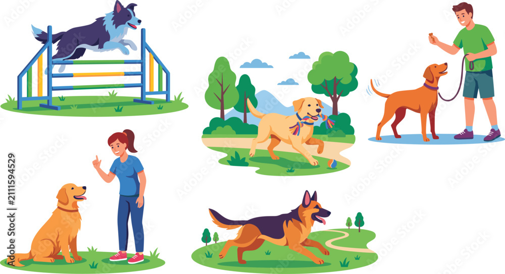 Fototapeta premium Dog Training and Obedience Activities Vector Set with Pets and Professional Handlers