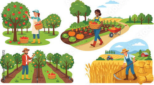 Farm Harvest and Orchard Farming Activities Collection with Fruit and Vegetable Agriculture Illustrations