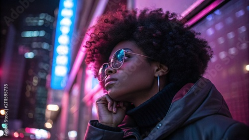 Young Black Woman with Glasses Posing in Neon City Night Light Portrait