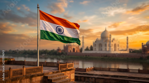 Indian national flag waving in front of the Taj Mahal