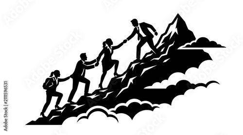 Business team collaborating to climb a challenging mountain, symbolizing shared goals and success.