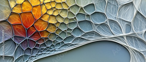 AI-generated closeup image of some organic web-like texture, in gray, green and orange