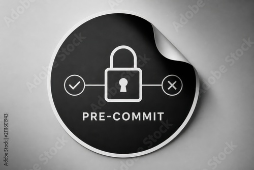 Naklejka Pre commit security sticker with padlock and approval icons on dark circular label