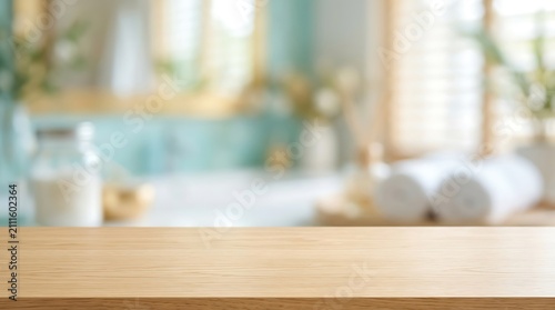 Empty wooden table top with blurred bathroom interior background for spa product display mockup website banner design