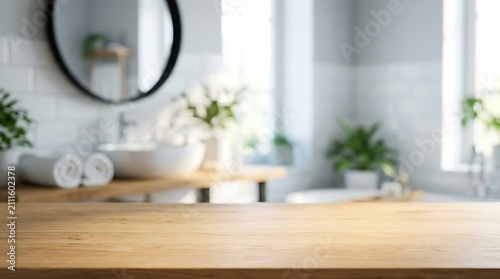 Wooden table top empty space in bright blurred bathroom interior for beauty product display mockup and web banner.