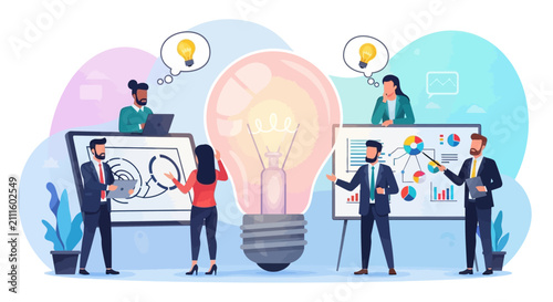Professionals surround a giant lightbulb icon while discussing innovative project concepts and strategic business development goals.