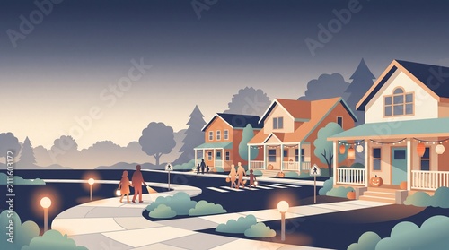 Suburban trick or treat route illustration at dusk