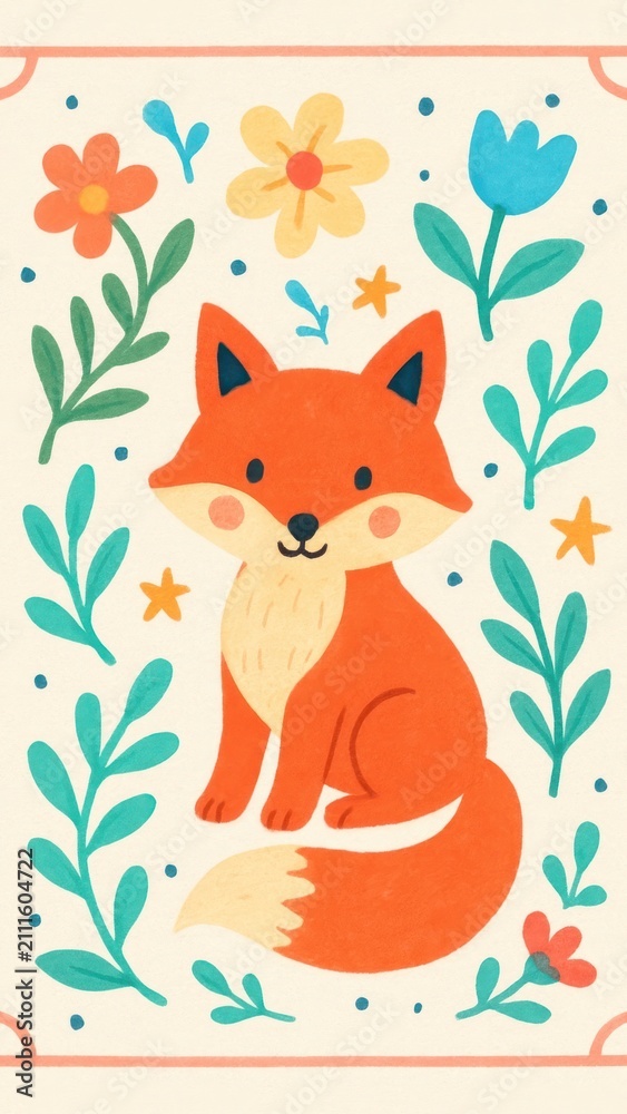 Fototapeta premium Cute fox floral mobile wallpaper