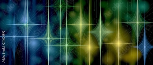AI-generated illustration of colorful stars with flare and bokeh, in blue, green and yellow