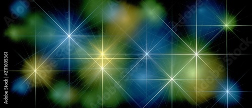 AI-generated illustration of colorful stars with flare and bokeh, in blue, green and yellow