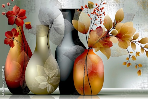 AI-generated minimalist still life illustration of a collection of vases with a few stems of flowers, in orange, blue, cream and red
