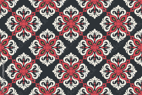 Elegant seamless damask vector pattern featuring stylized floral ornaments in a timeless vintage style. Inspired by classic Baroque and Victorian decorative motifs, this repeat design 