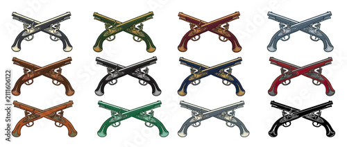 Bild auf Leinwand Collection of Crossed Antique Pistols in Various Colors