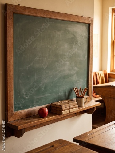 A vintage classroom scene featuring an old wooden-framed blackboard, a shelf with an apple, stacked books, and pencils in a mug, evoking a nostalgic educational setting.