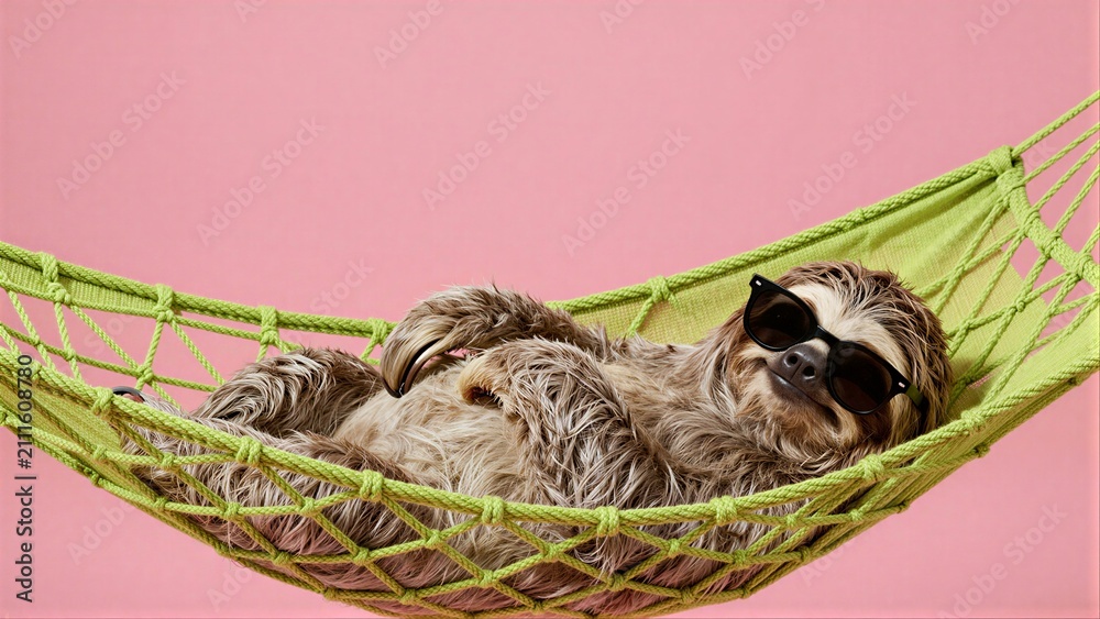 Fototapeta premium Sloth in sunglasses relaxes in a green hammock against pink background.