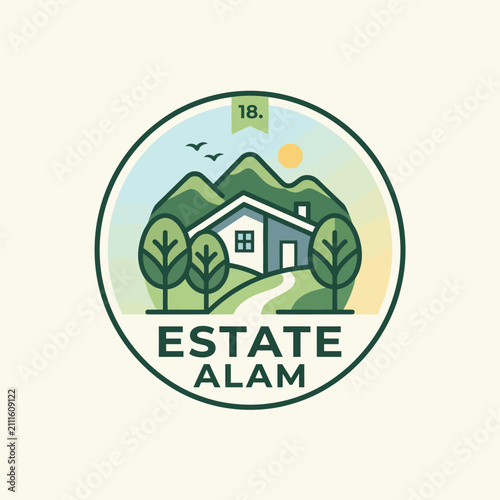 A circular badge design featuring a house nestled in a peaceful mountain landscape