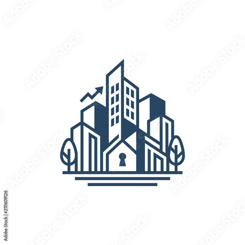 A minimalist vector illustration of a modern city skyline with growth symbols