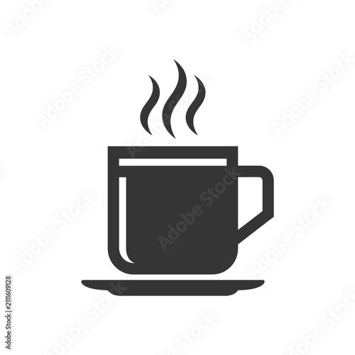 A simple black icon of a steaming hot cup of coffee on a saucer