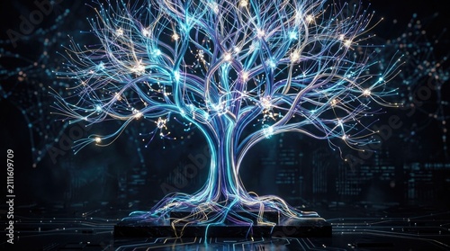 Fiber optic digital tree growing on circuitry board representing complex neural artificial intelligence network system connections and data evolution