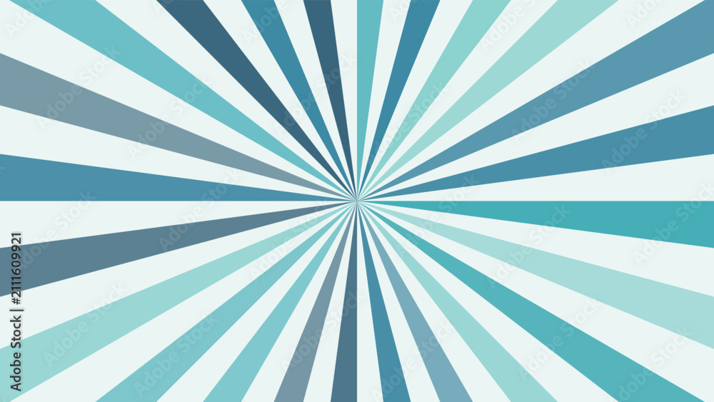 Obraz premium Retro sunburst background with blue radial rays, vintage pop art starburst pattern, teal and navy comic book style burst vector eps
