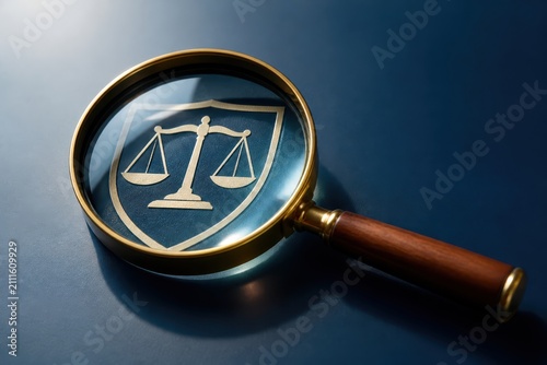 Legal investigation with magnifying glass and justice scales