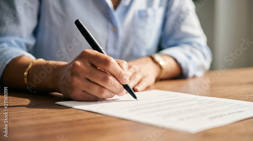 Businesswoman sign document at desk in sunlit office