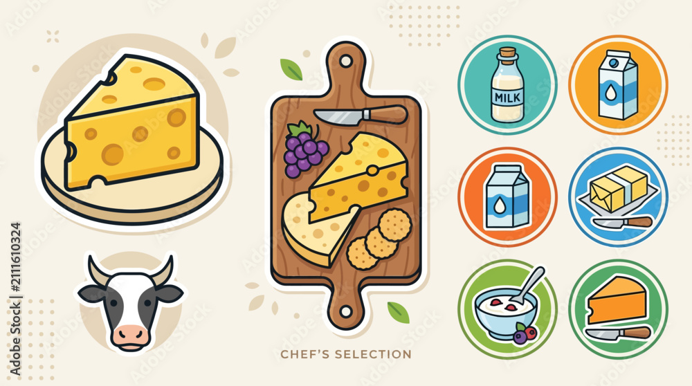 Fototapeta premium Flat vector cheese wedge collection featuring dairy products on a wooden serving board