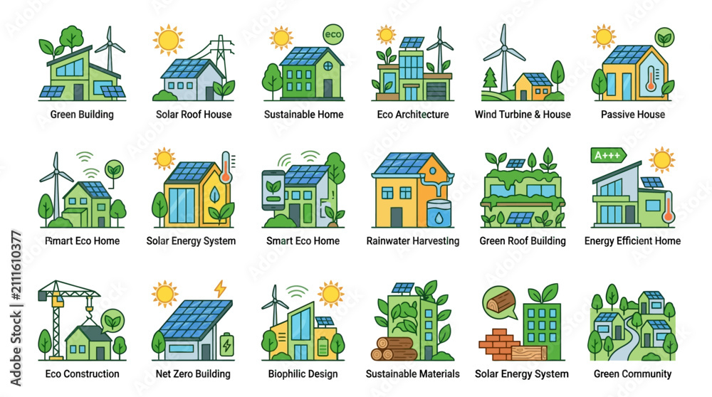 Fototapeta premium Flat vector green building icon set showcasing sustainable architecture and clean energy