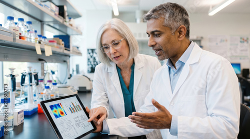 Scientists review lab research data on a tablet together