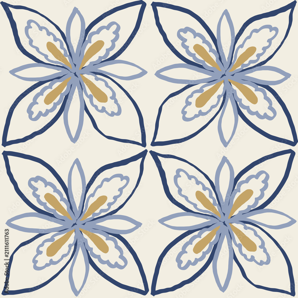 Fototapeta premium Navy Blue and Gold Flower Tile Seamless Pattern on Ivory Background
