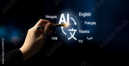 Fotografie Global communication with multiple languages, digital translation tools, multilingual technology, cross-cultural communication, and virtual language learning environments