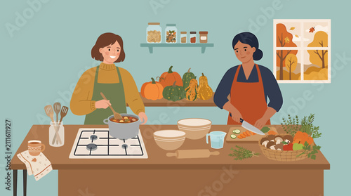 Two women cooking together in a cozy kitchen during the autumn season illustration.