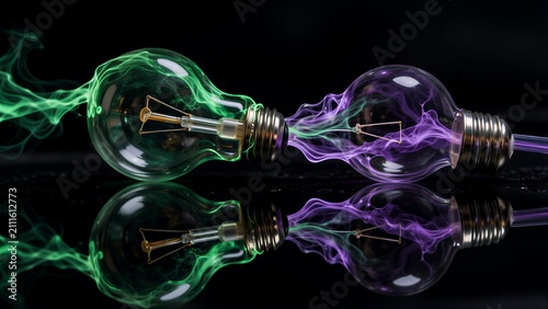 Two glowing light bulbs with green and purple plasma effects, mirrored on a dark surface.