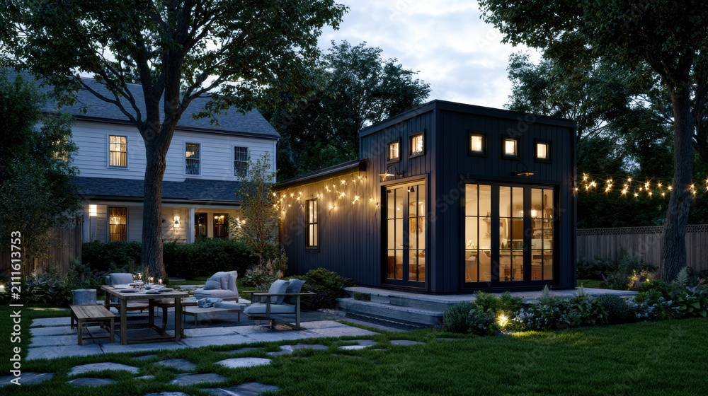 Obraz premium A backyard studio home shines softly at dusk behind a family house. The scene includes a cozy garden with seating and a table.