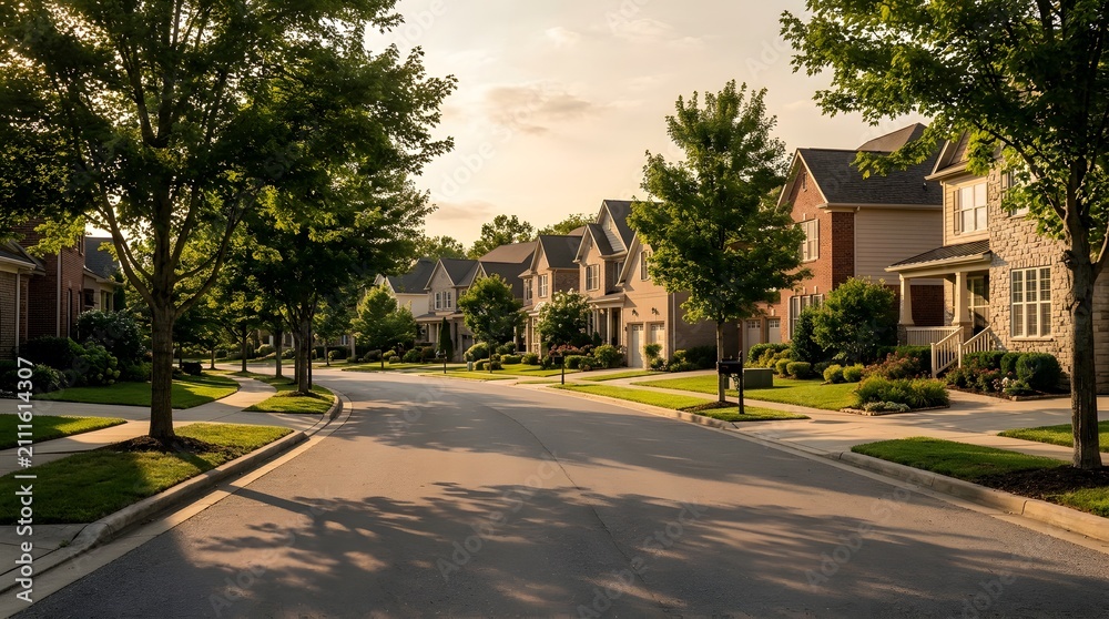 Fototapeta premium Peaceful suburban neighborhood street during golden hour
