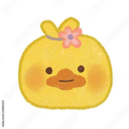 Cute Yellow Duck with Pink Flower Oil Pastel Illustration