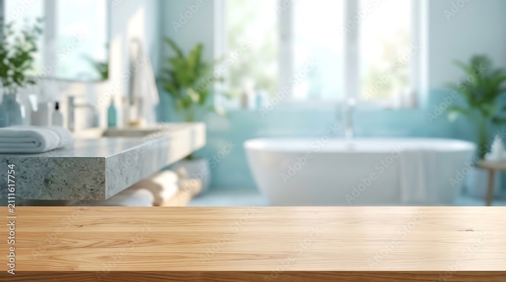 Fototapeta premium Empty Wooden Tabletop with Blurred Modern Bathroom Interior Background for Product Placement Display Mockup Backdrop.