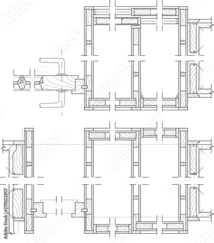 Canvas Print Technical CAD set of timber joinery details showing cross-sections and plan views of interlocking wood connections with grain hatching
