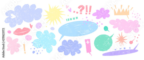 Colorful crayon drawings of fun cartoon hand drawn emotional communication concept symbols. Playful vector collection with speech bubbles, cloud doodles, lips, crown, punctuation marks and decorative