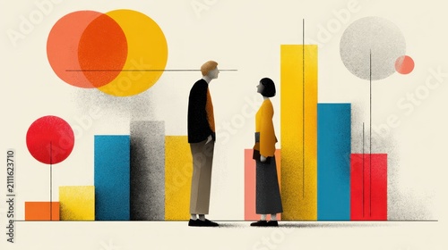 Two figures face each other amidst abstract shapes and graphs