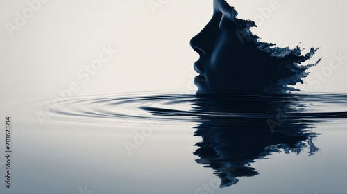 Abstract face profile submerged in water, dark silhouette, ethereal