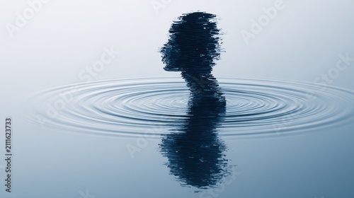Silhouetted figure, water ripples, reflection
