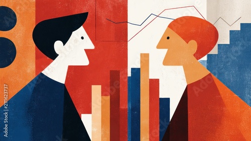 Two people converse amidst charts and graphs