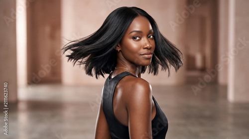 Stunning young Black woman with straight bob hair and bare shoulders, premium beauty portrait for glowing skincare and luxury cosmetics